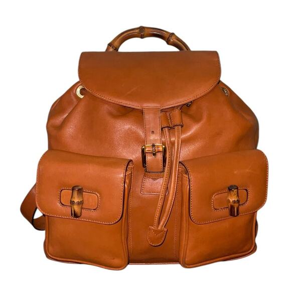 Gucci Vintage Brown Leather and Bamboo Backpack Bag With Dust bag - Picture 1 of 16